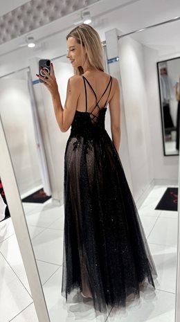 Sukienka długa zdobienia brokat czerń spód p.róż