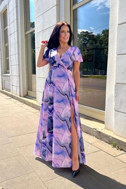 Sukienka długa z rękawkiem wzór galaxy fiolet