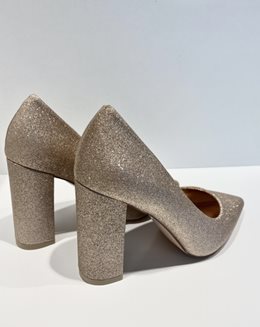 Czółenka na słupku brokatowe złoto