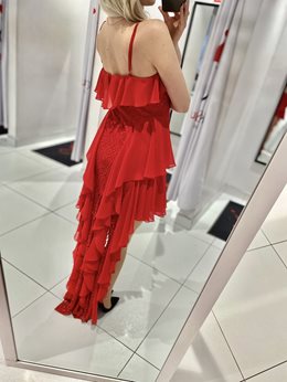 Sukienka asymetryczna z koronką i falbanki czerwon