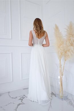 Sukienka długa góra koraliki szyfon biel