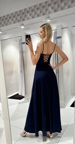 Sukienka długa klosz gorset woda cekin granat