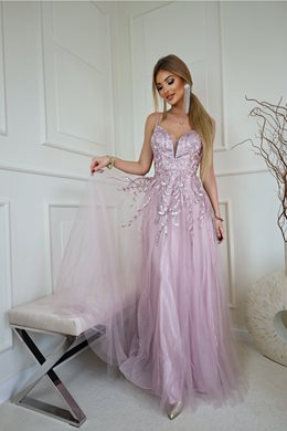 Sukienka długa koronka dół tiul błyszczący wrzos