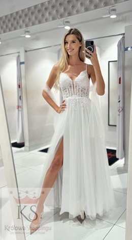 Sukienka długa tiulowa zdobiona delikatna biel