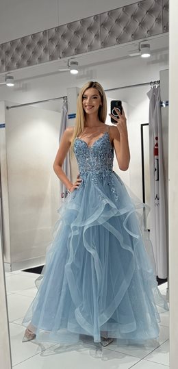 Sukienka długa falbany brokat tiul jeans