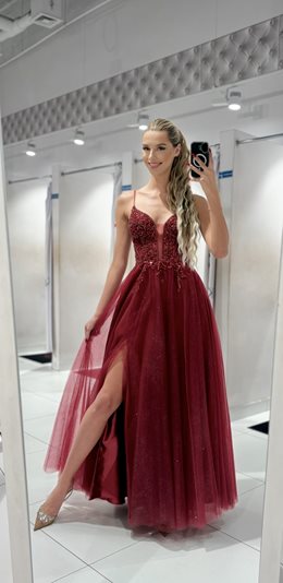 Sukienka długa gorset tiul brokat bordo