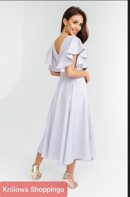 sukienka midi gładka rękaw falbanki szara