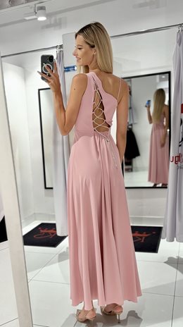 Sukienka długa asymetryczne wiązanie pudrowy róż