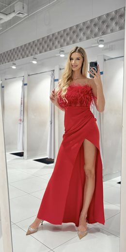 Sukienka długa rybka gorset siateczka pióra czerw.