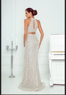 sukienka długa cekinowa pod szyję złota