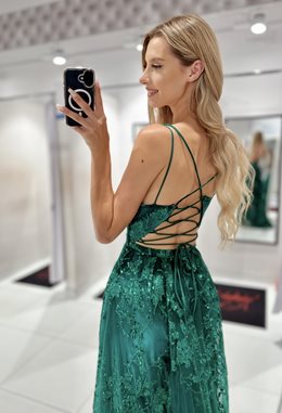 Sukienka długa z brokatem wiązanie plecy zieleń