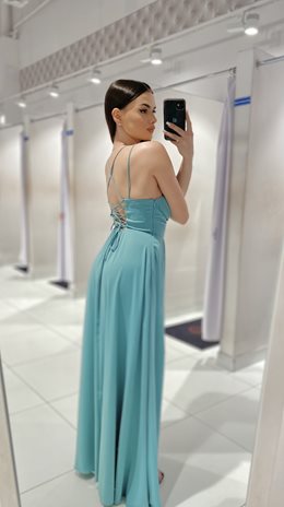 Sukienka długa dekolt woda wiązanie tył pistacja